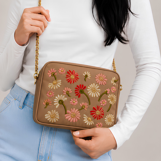 Vintage Floral Canvas Crossbody Bag for Women - Brown