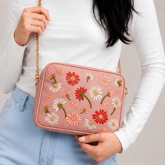 Vintage Floral Canvas Crossbody Bag for Women - Pink