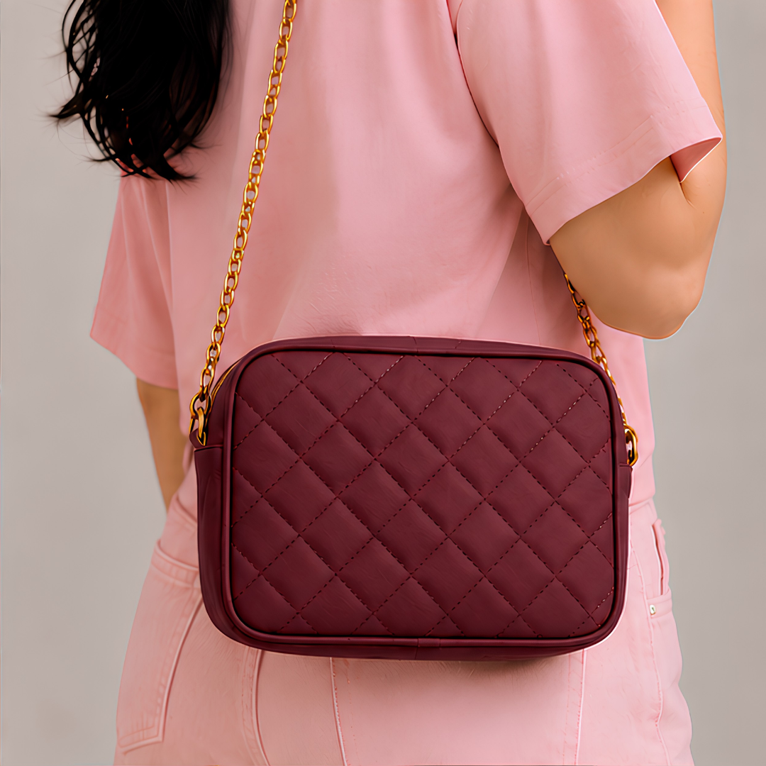 Chic Maroon Quilted PU Leather Crossbody Bag