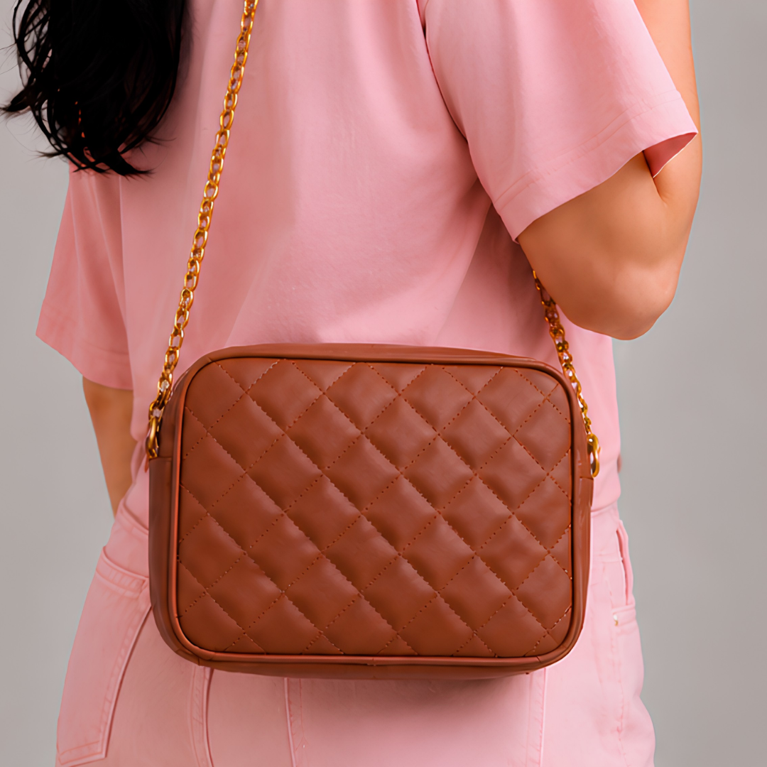 Chic Brown Quilted PU Leather Crossbody Bag