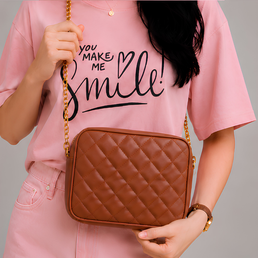 Chic Brown Quilted PU Leather Crossbody Bag