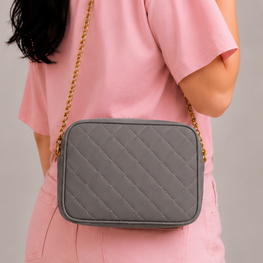 Chic Grey Quilted PU Leather Crossbody Bag