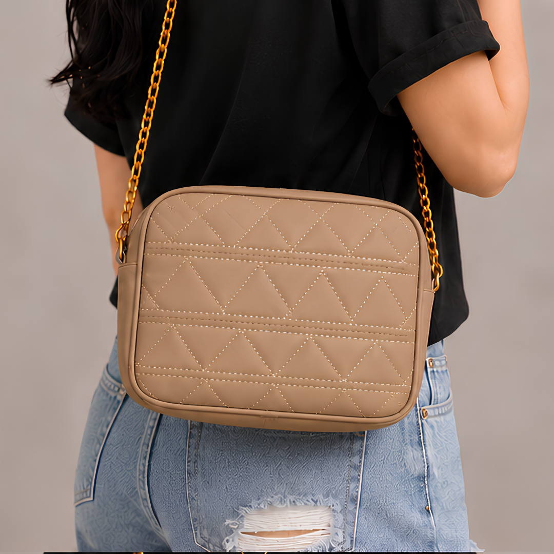 Quilted PU Leather Crossbody Bag - Brown