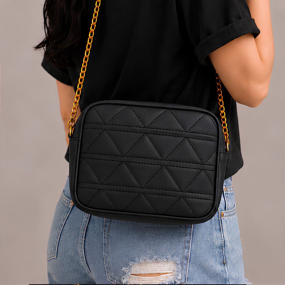 Quilted PU Leather Crossbody Bag - Black