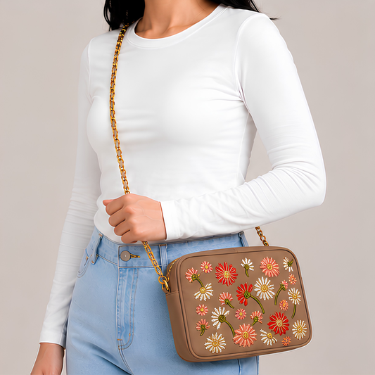 Vintage Floral Canvas Crossbody Bag for Women - Brown