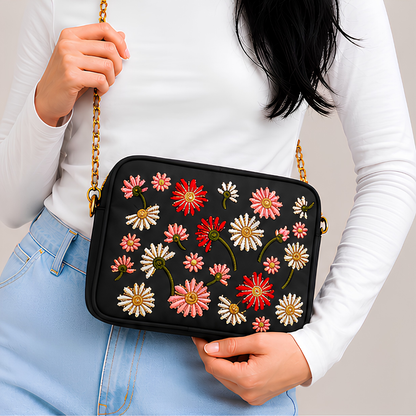 Vintage Floral Canvas Crossbody Bag for Women - Black