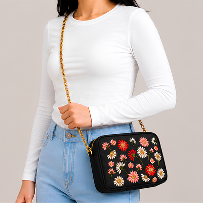 Vintage Floral Canvas Crossbody Bag for Women - Black