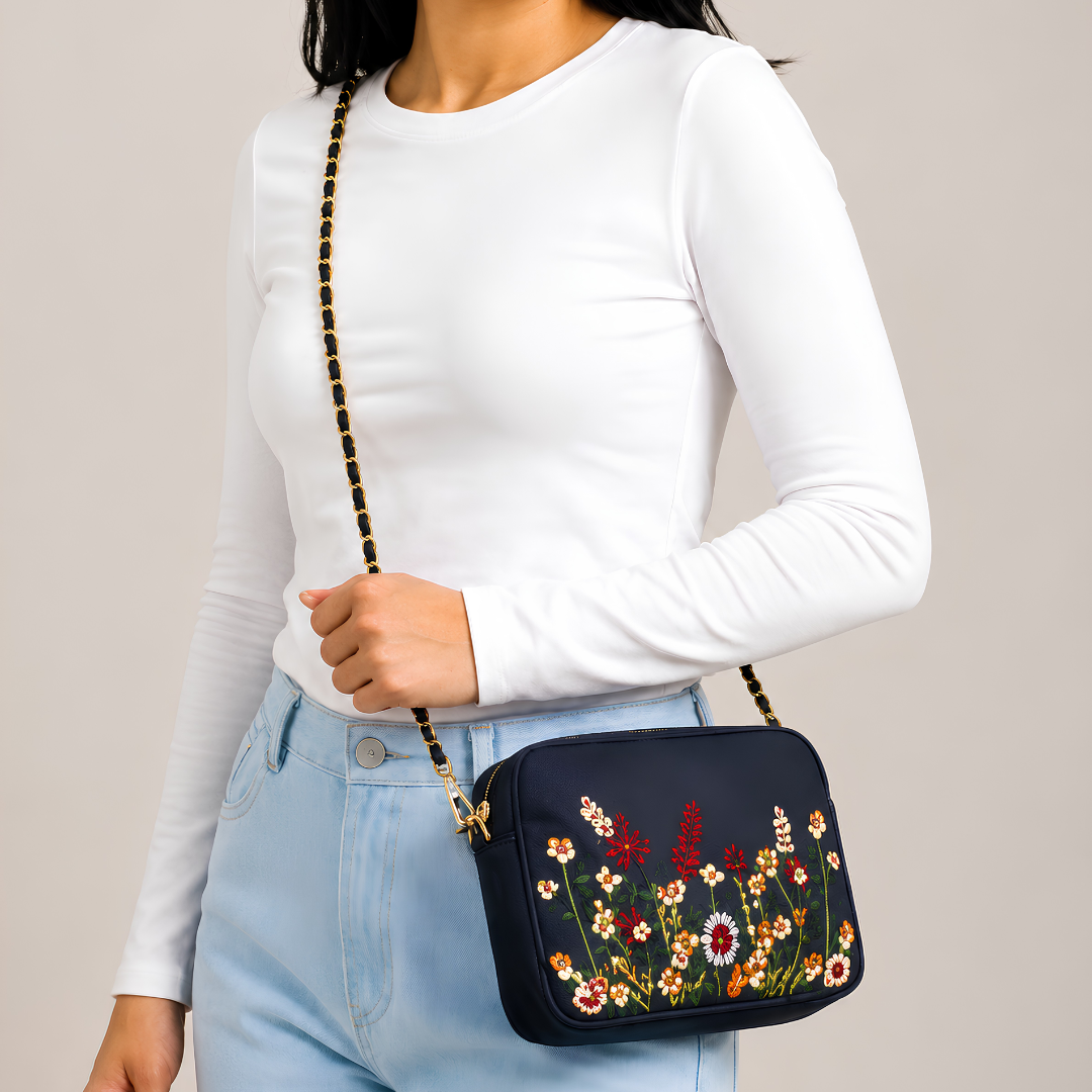 Navy Floral Canvas Crossbody Bag for Women