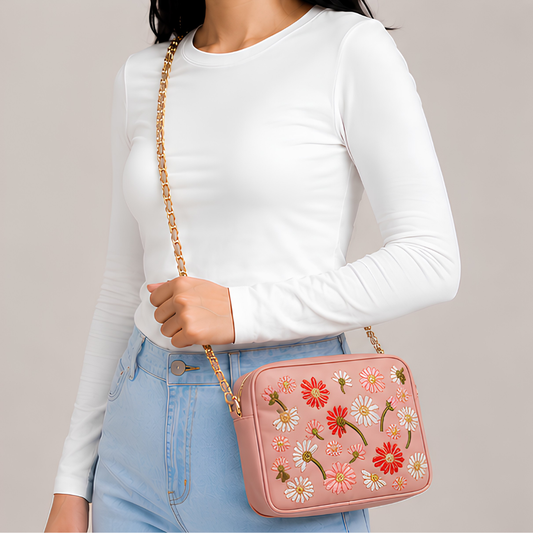 Vintage Floral Canvas Crossbody Bag for Women - Pink