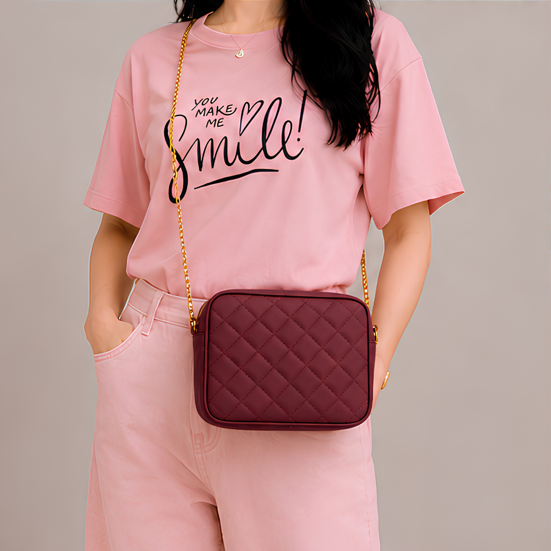 Chic Maroon Quilted PU Leather Crossbody Bag