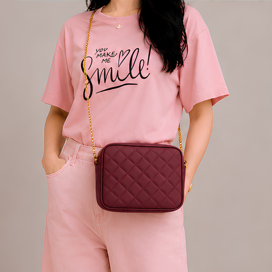 Chic Maroon Quilted PU Leather Crossbody Bag