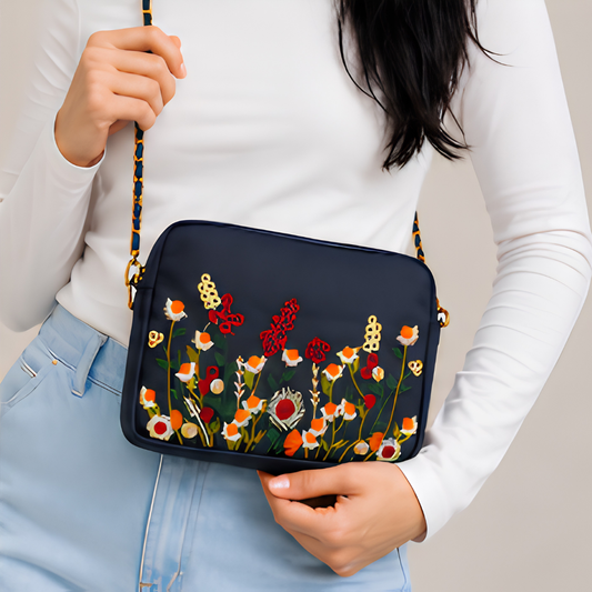 Navy Floral Canvas Crossbody Bag for Women