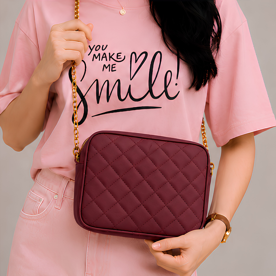 Chic Maroon Quilted PU Leather Crossbody Bag