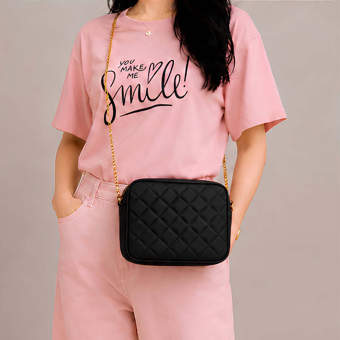 Chic Black Quilted PU Leather Crossbody Bag