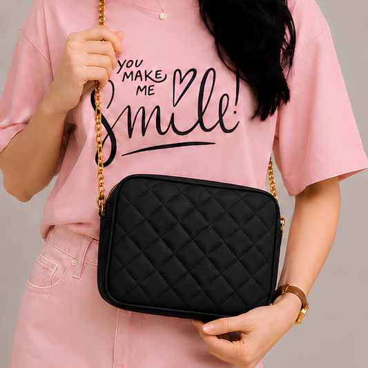 Chic Black Quilted PU Leather Crossbody Bag