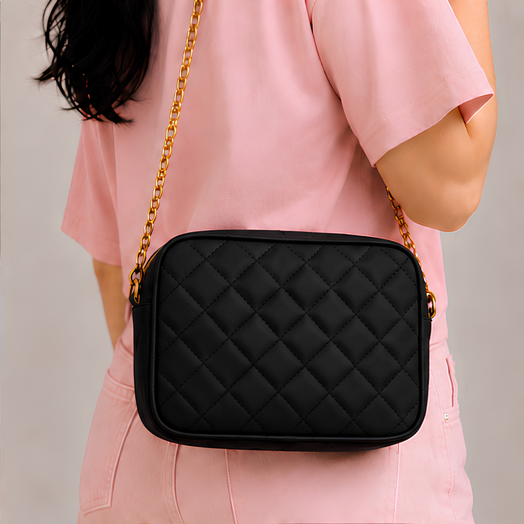 Chic Black Quilted PU Leather Crossbody Bag