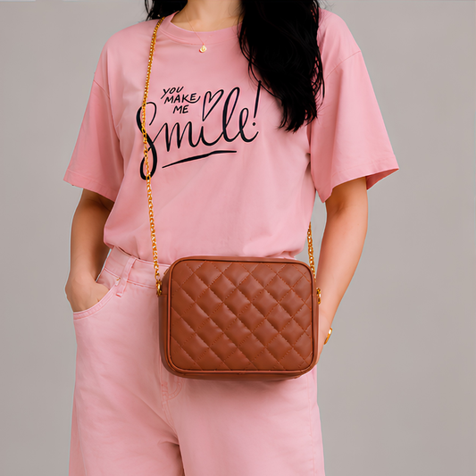 Chic Brown Quilted PU Leather Crossbody Bag