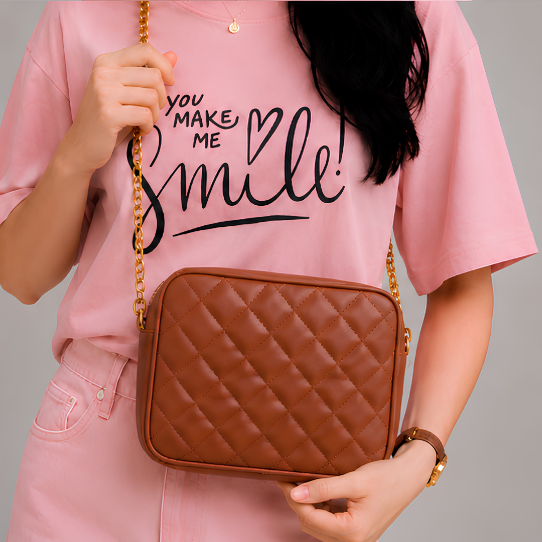 Chic Brown Quilted PU Leather Crossbody Bag