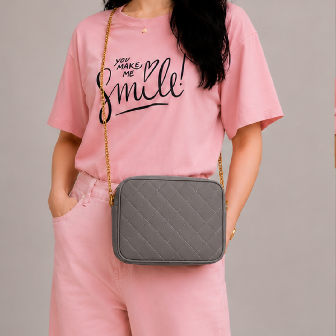 Chic Grey Quilted PU Leather Crossbody Bag
