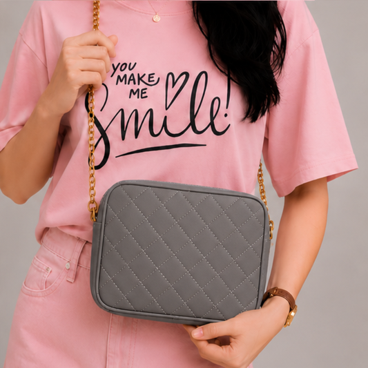 Chic Grey Quilted PU Leather Crossbody Bag