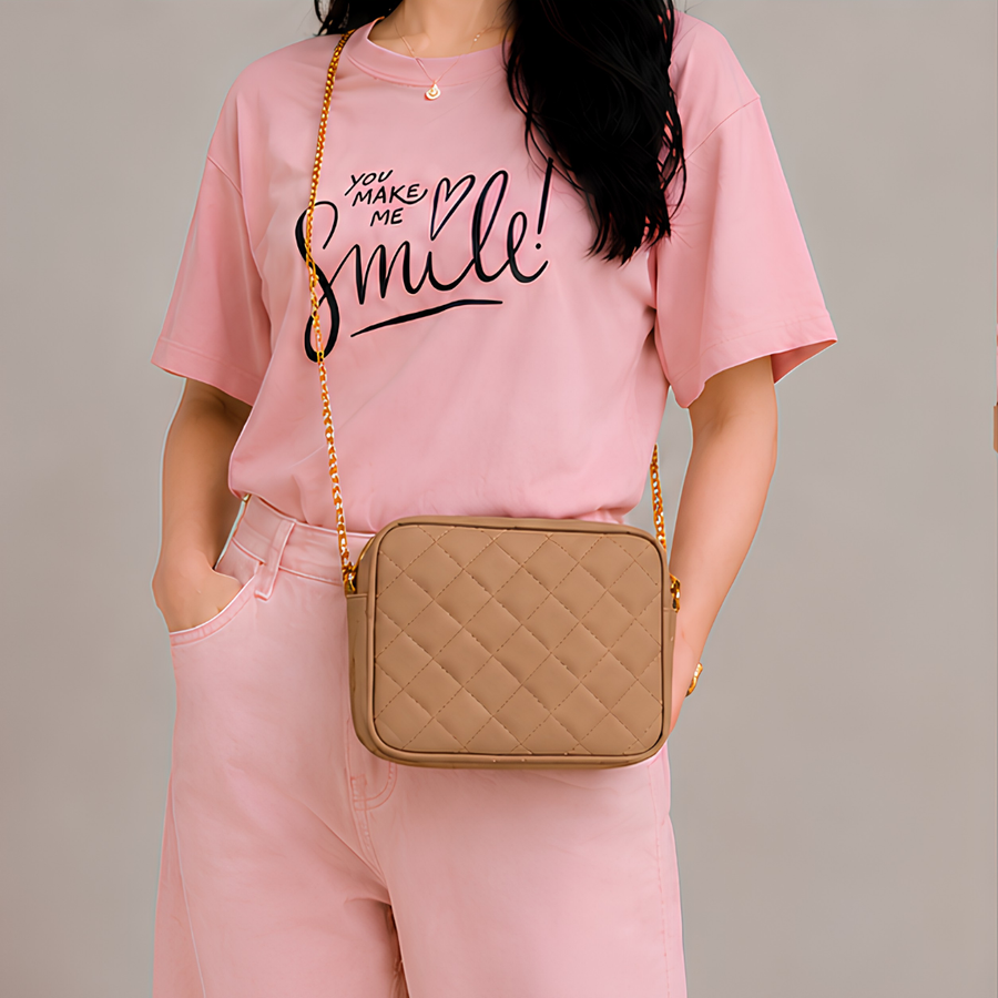 Chic Beige Quilted PU Leather Crossbody Bag