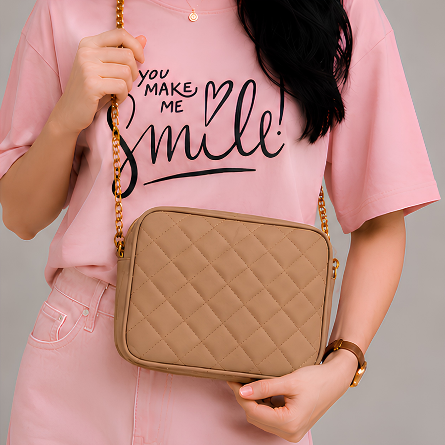 Chic Beige Quilted PU Leather Crossbody Bag