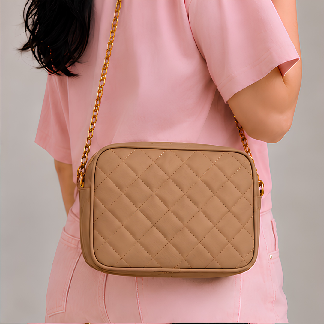 Chic Beige Quilted PU Leather Crossbody Bag