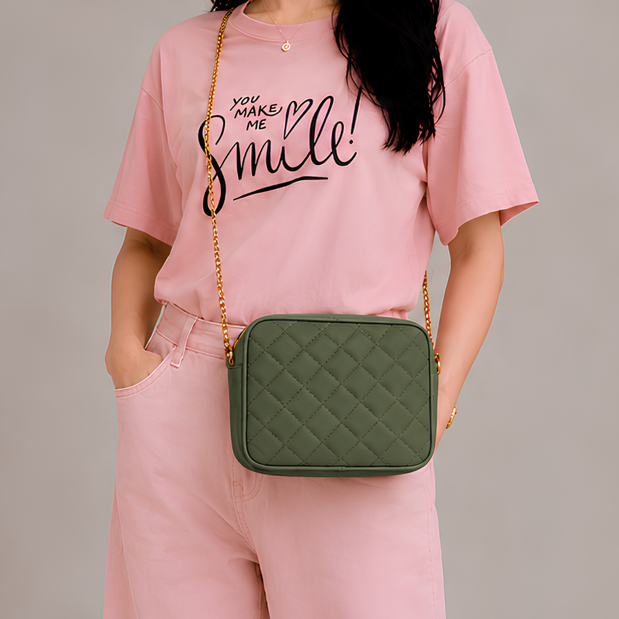 Chic Dark Green Quilted PU Leather Crossbody Bag