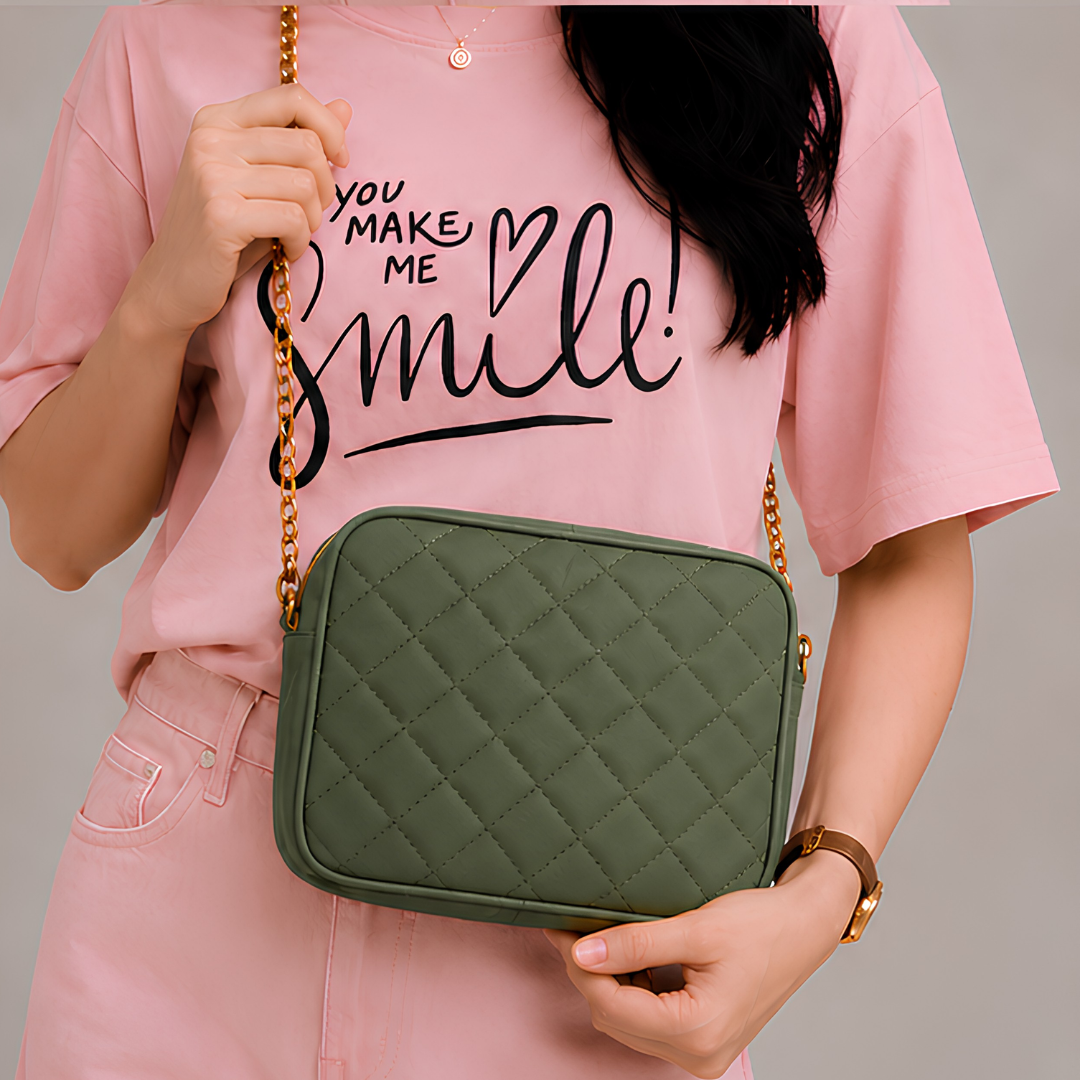 Chic Dark Green Quilted PU Leather Crossbody Bag