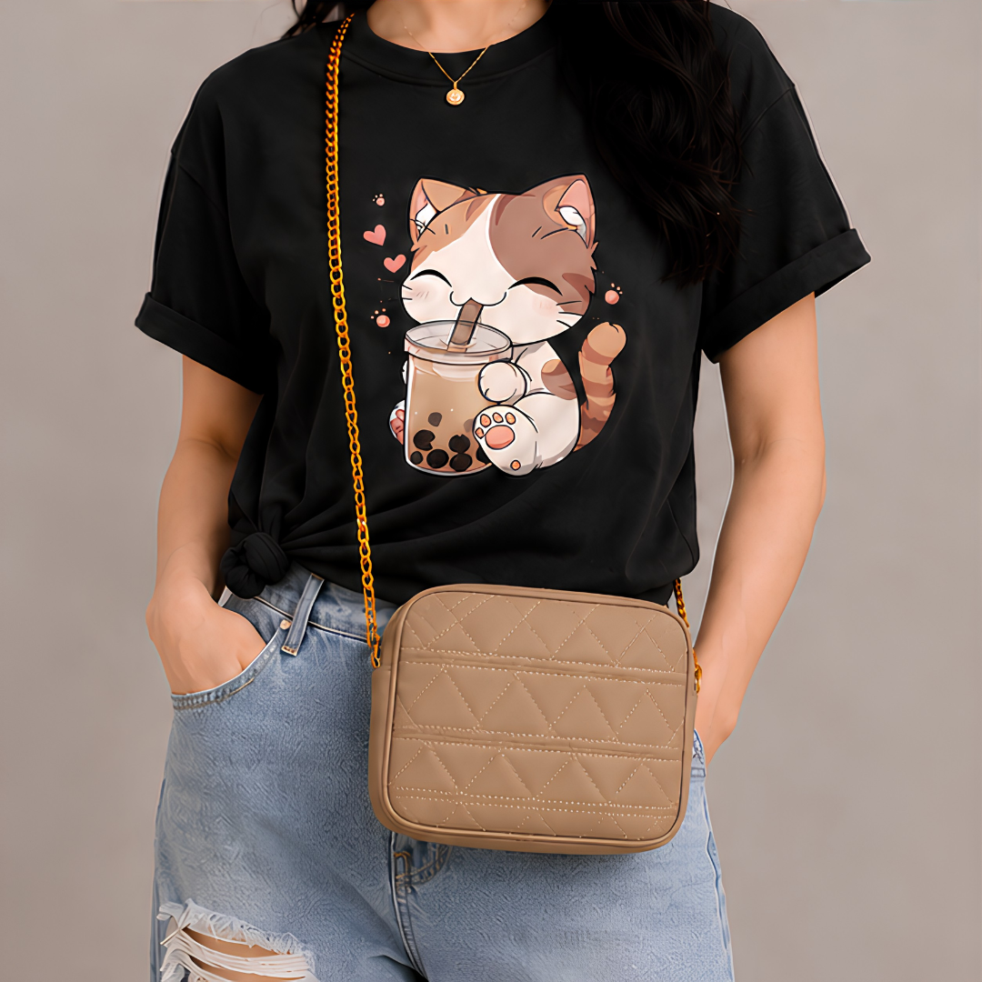 Quilted PU Leather Crossbody Bag - Brown