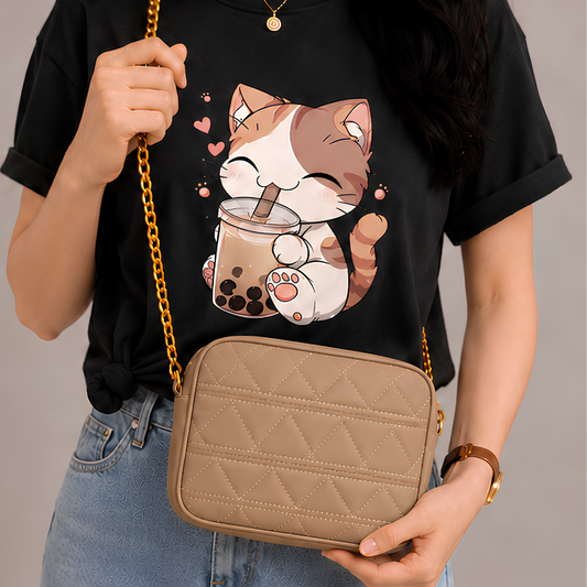 Quilted PU Leather Crossbody Bag - Brown