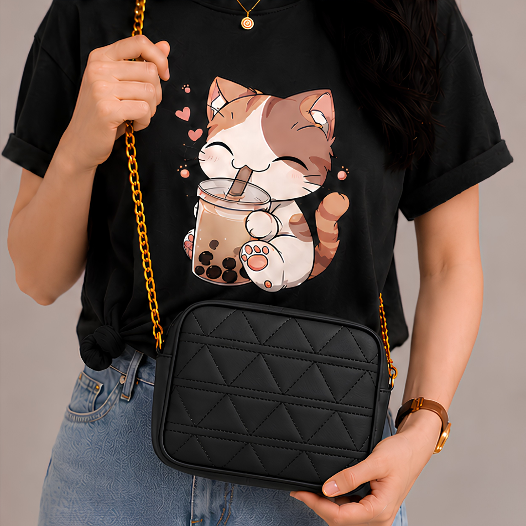 Quilted PU Leather Crossbody Bag - Black