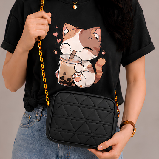 Quilted PU Leather Crossbody Bag - Black